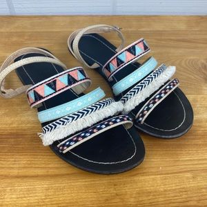 Restricted Boho Blue Coral Fringe Braid Strappy Flat Sandals Buckle Closure 8.5